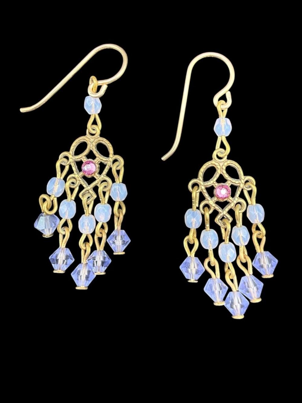 Gold tone Blue Beaded Chandelier Earrings